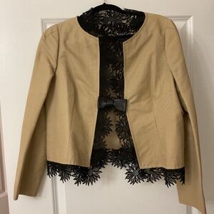 Valentino Jacket Khaki with Leather Snap Bow & Black Lace Trim Size 12.